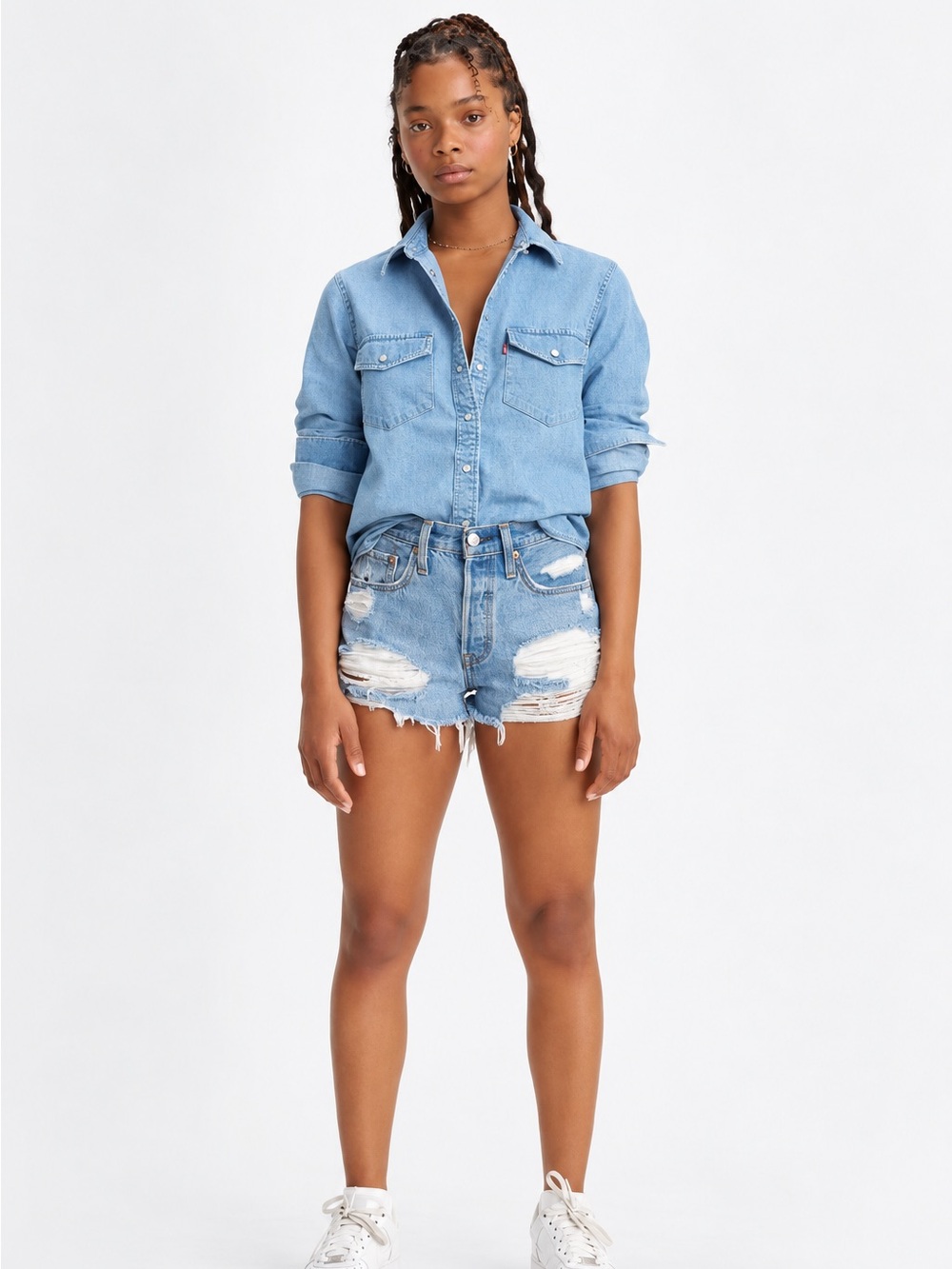 Levi's 501 Women's Light Blue Denim Shorts- Classic Button-Up and Distressed